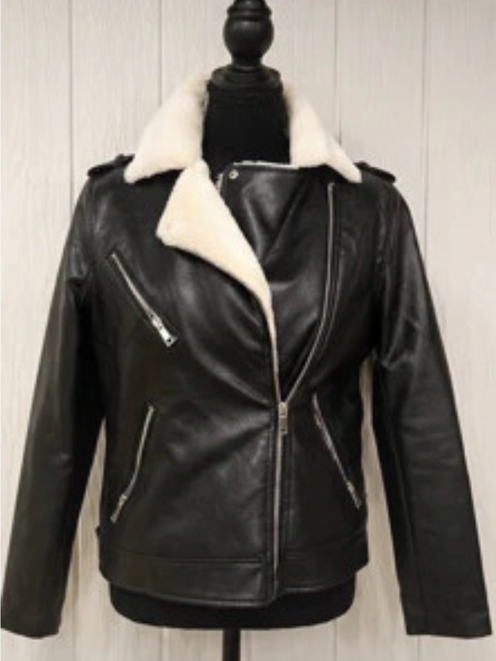 Charlotte Russe Black Faux Leather Biker Jacket with Cream Shearling Collar